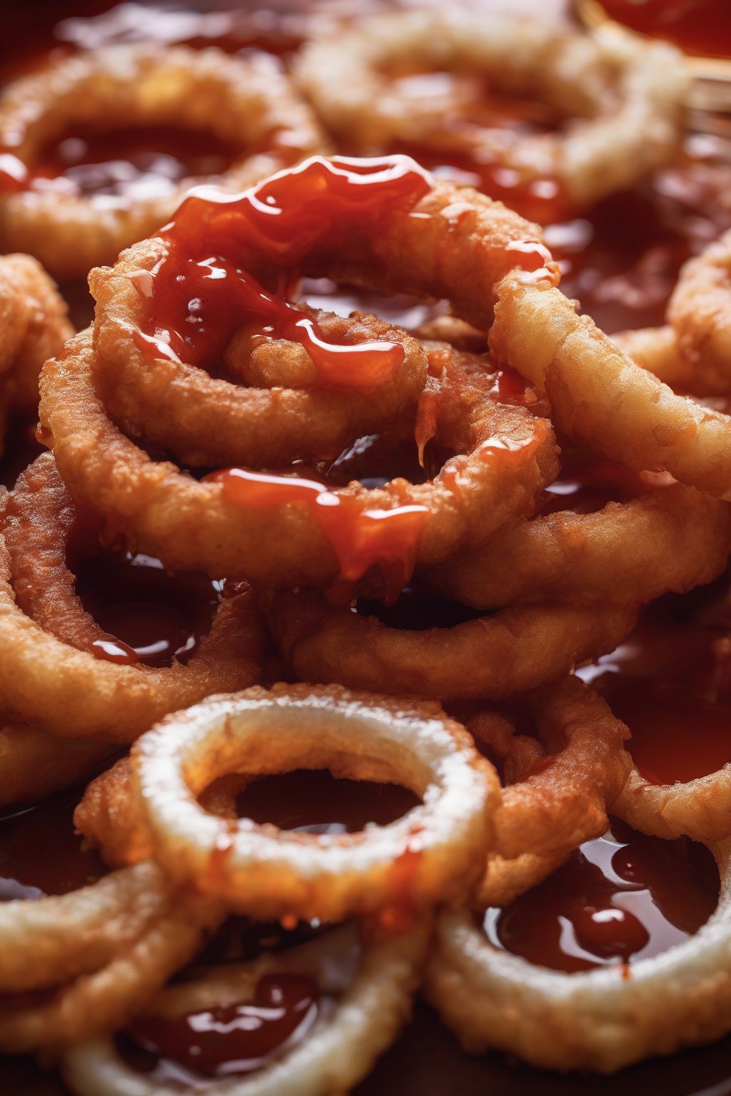 A high-resolution photo of buffalo onion rings coated in red sauce, dripping, under soft lighting.