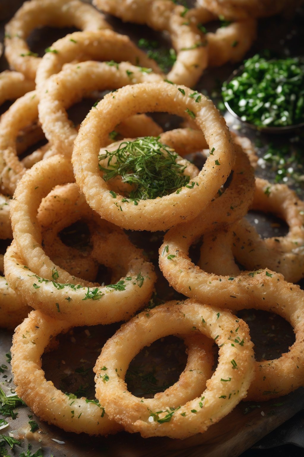 A high-resolution photo of garlic herb onion rings sprinkled with green flecks, aromatic steam, under soft lighting.
