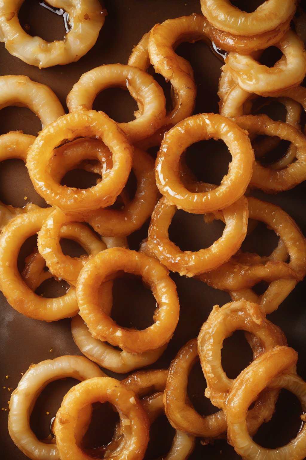A high-resolution photo of maple-glazed onion rings shining amber-gold, with syrup drizzle, under soft lighting.