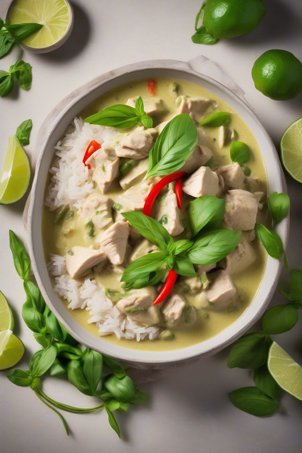 A high-resolution photo of steaming Thai green chicken curry in a bowl with rice, garnished with basil and lime, under soft lighting.