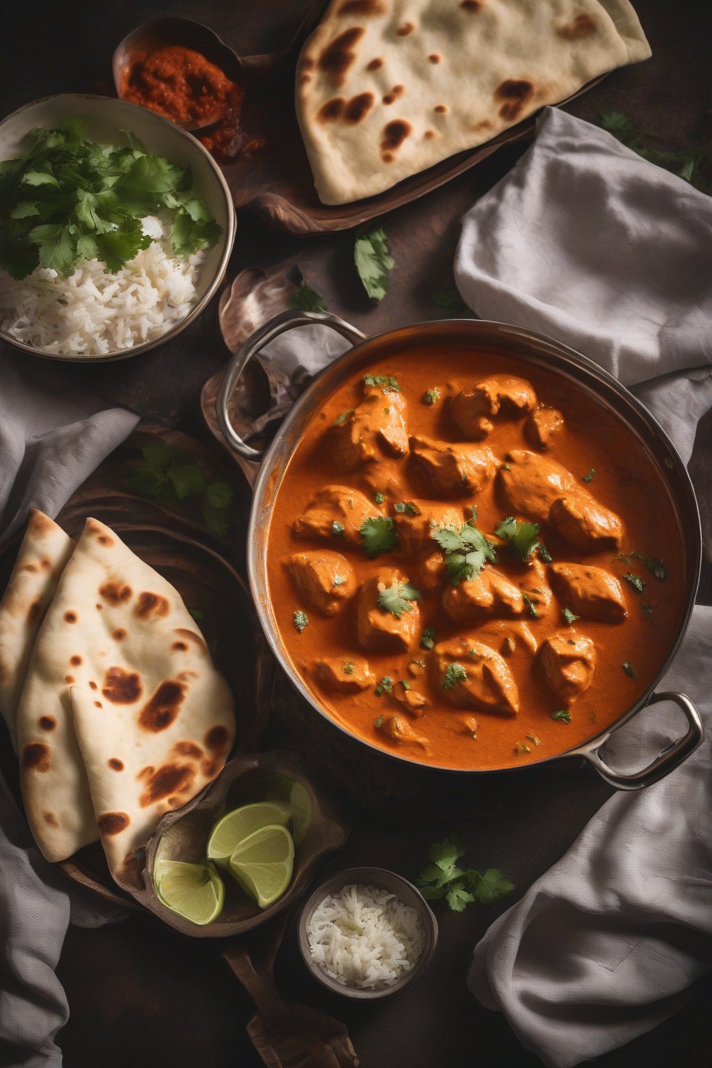 A high-resolution photo of butter chicken curry with a glossy sauce, served with naan bread, under soft lighting.