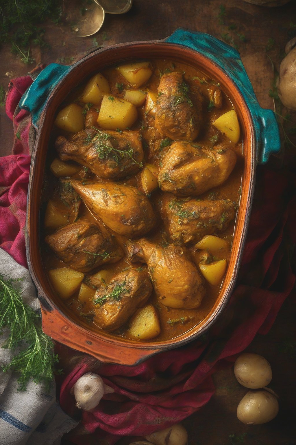 A high-resolution photo of Jamaican curry chicken with potatoes in a colorful pot, garnished with thyme, under soft lighting.