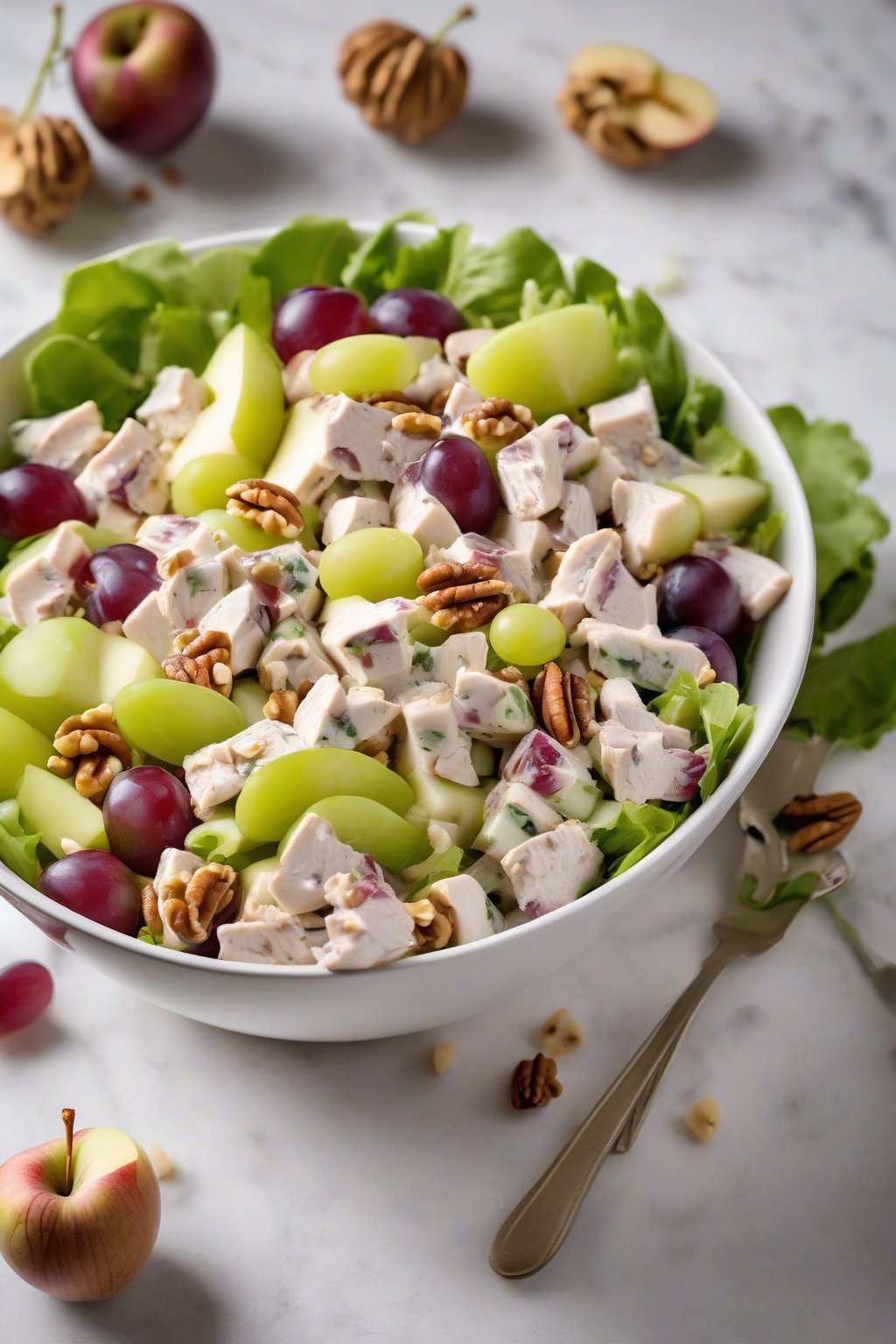 A high-resolution photo of a vibrant Waldorf chicken salad with grapes and apple chunks in a white bowl, garnished with walnuts, under soft lighting.