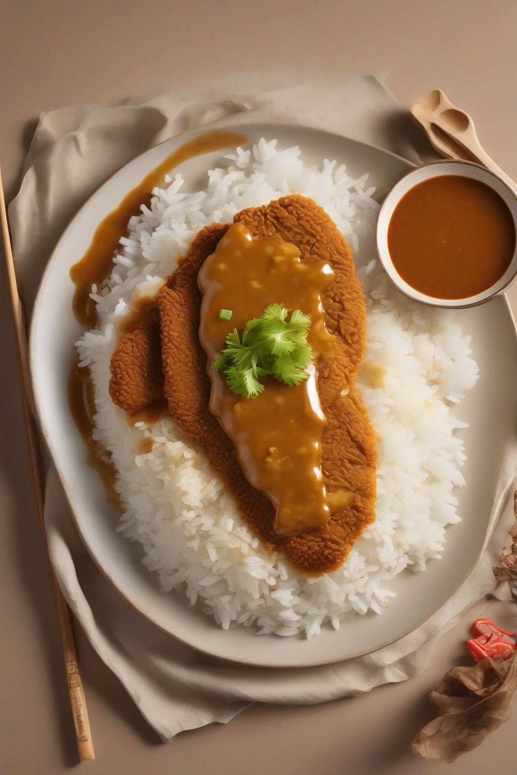 A high-resolution photo of Japanese katsu curry with golden chicken cutlet atop rice and thick sauce, under soft lighting.