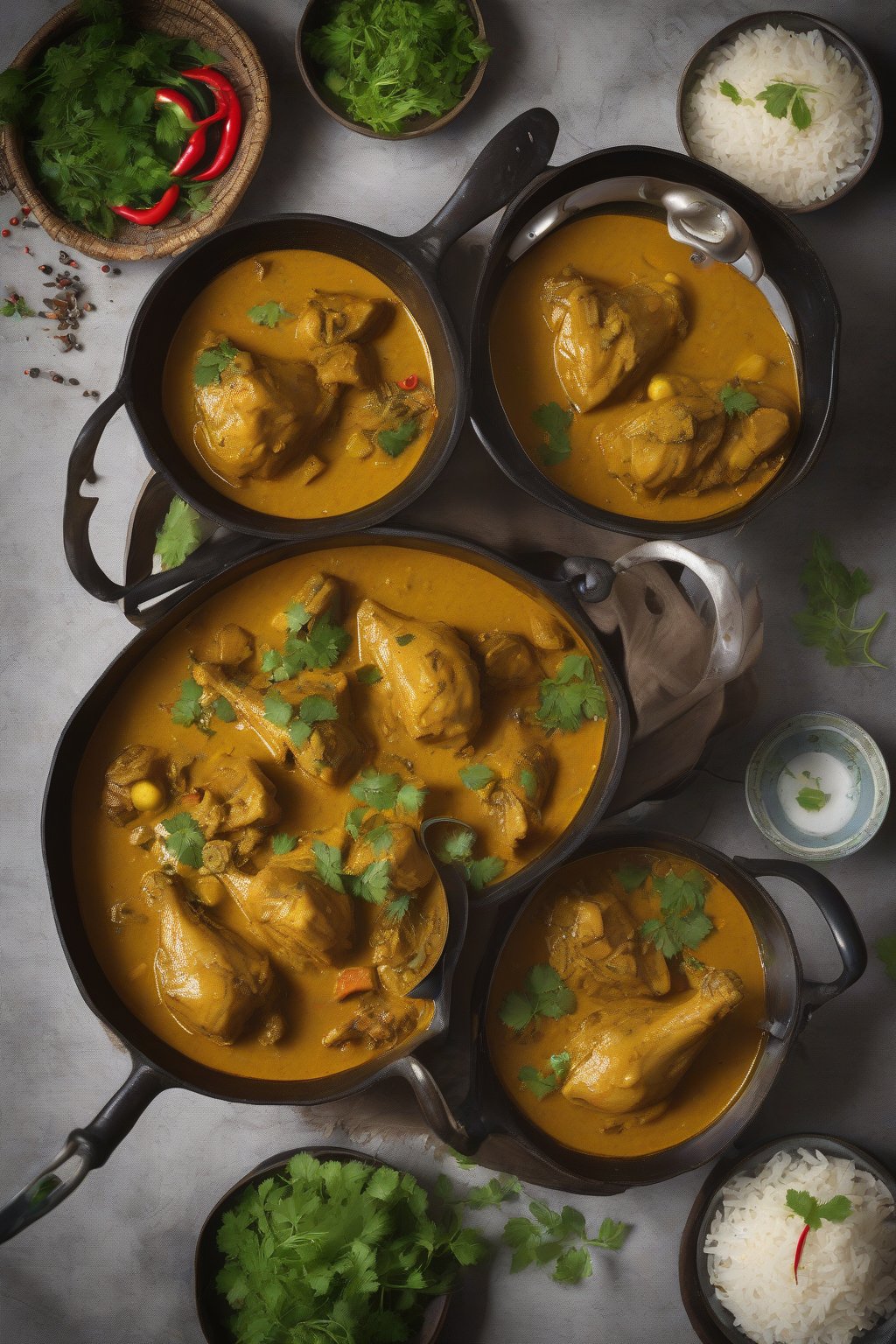 A high-resolution photo of Malaysian kapitan chicken curry with vibrant yellow sauce and herbs, under soft lighting.