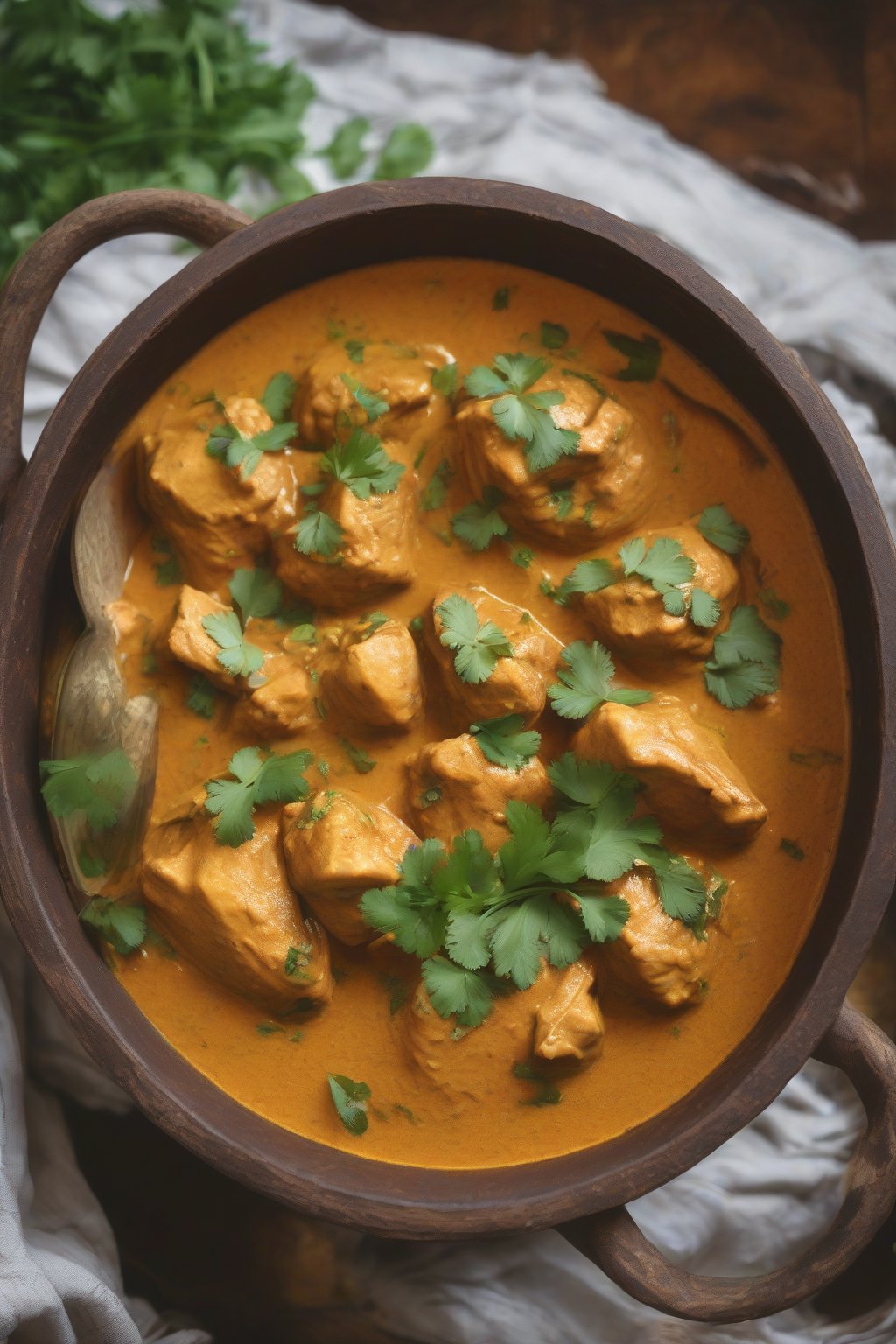 A high-resolution photo of Goan coconut chicken curry in a clay pot, topped with cilantro, under soft lighting.