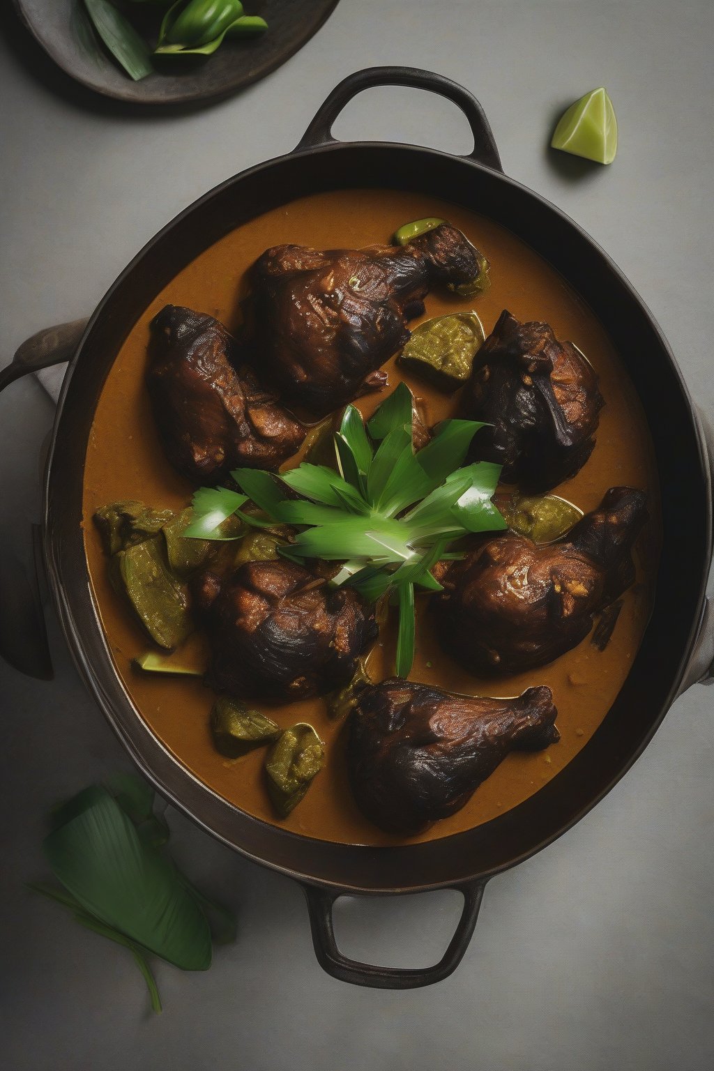 A high-resolution photo of dark Sri Lankan black chicken curry with pandan garnish, under soft lighting.