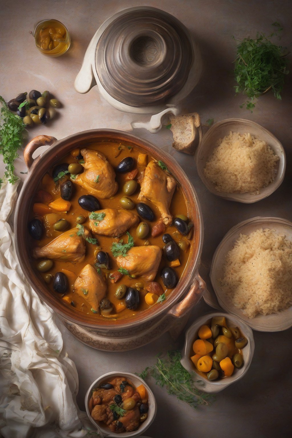 A high-resolution photo of Moroccan tagine chicken curry with olives and apricots in a conical dish, under soft lighting.
