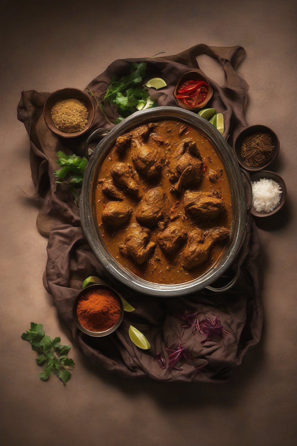 A high-resolution photo of dry Indonesian rendang chicken curry, glistening with spices, under soft lighting.
