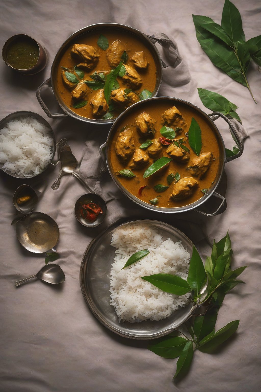 A high-resolution photo of Kerala chicken curry with curry leaves floating in sauce, under soft lighting.