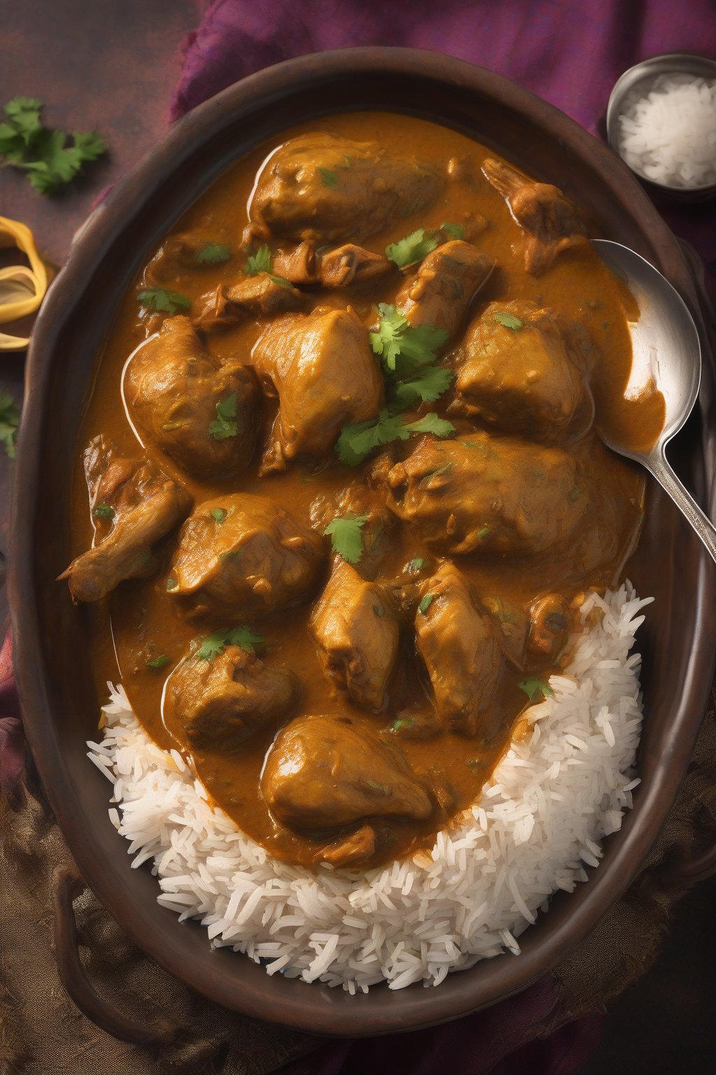 A high-resolution photo of thick Punjabi chicken curry with onion strands, served with rice, under soft lighting.