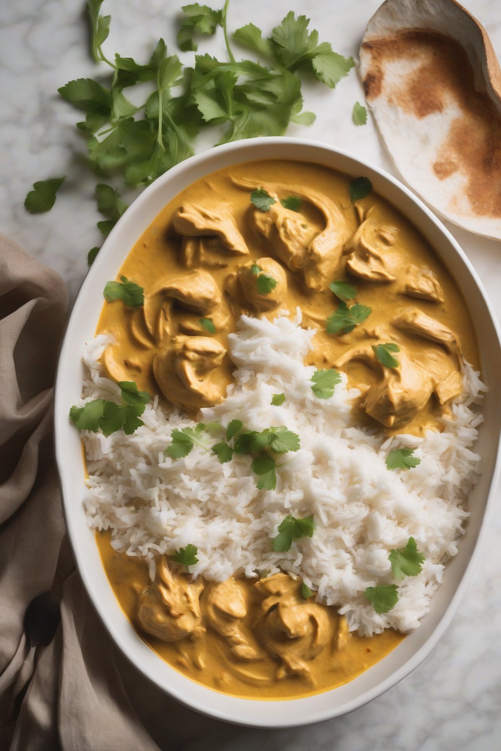A high-resolution photo of creamy coconut chicken curry swirled with cream, under soft lighting.