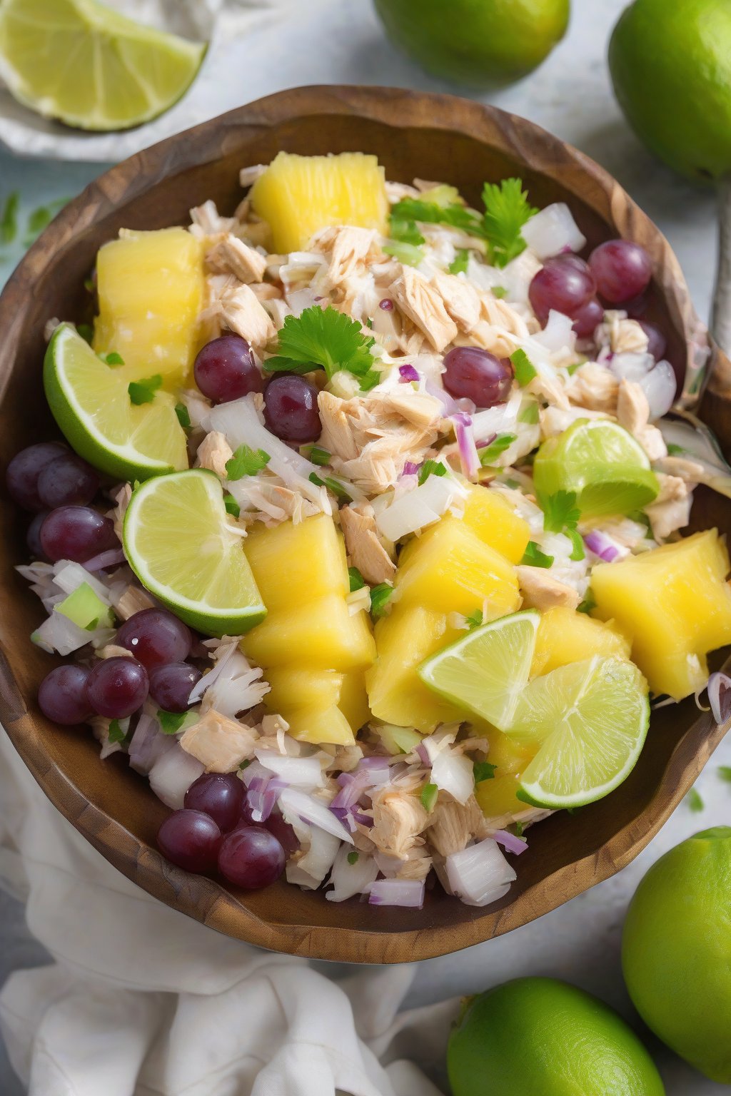 A high-resolution photo of tropical pineapple chicken salad with grapes and coconut flakes in a colorful bowl, topped with lime wedges, under soft lighting.