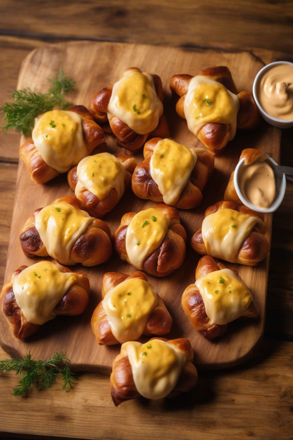 A high-resolution photo of golden classic pigs in a blanket on a wooden board with mustard dip under soft lighting.