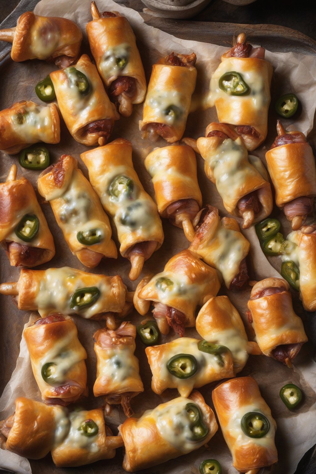 A high-resolution photo of spicy jalapeño popper pigs in a blanket with cheese oozing, on a rustic platter under soft lighting.
