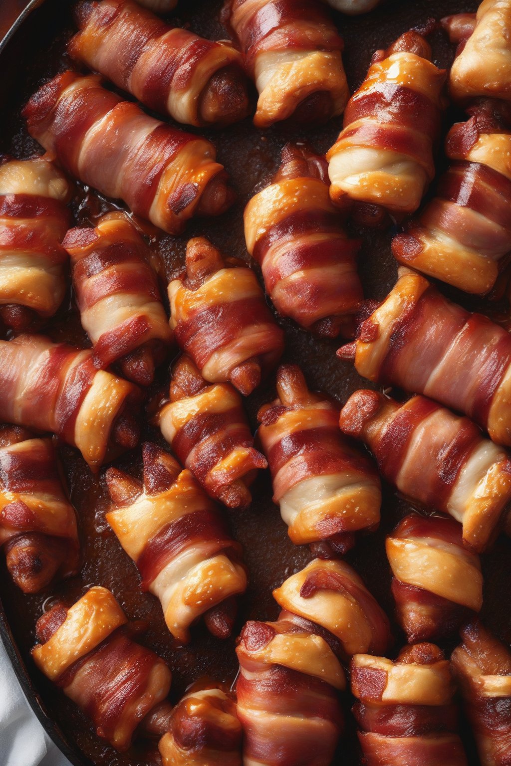 A high-resolution photo of bacon-wrapped BBQ pigs in a blanket glistening with sauce under soft lighting.