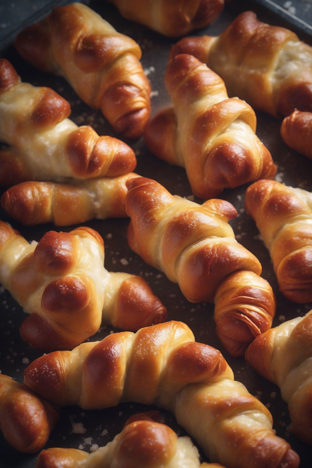 A high-resolution photo of pretzel-wrapped cheese pigs in a blanket with coarse salt under soft lighting.