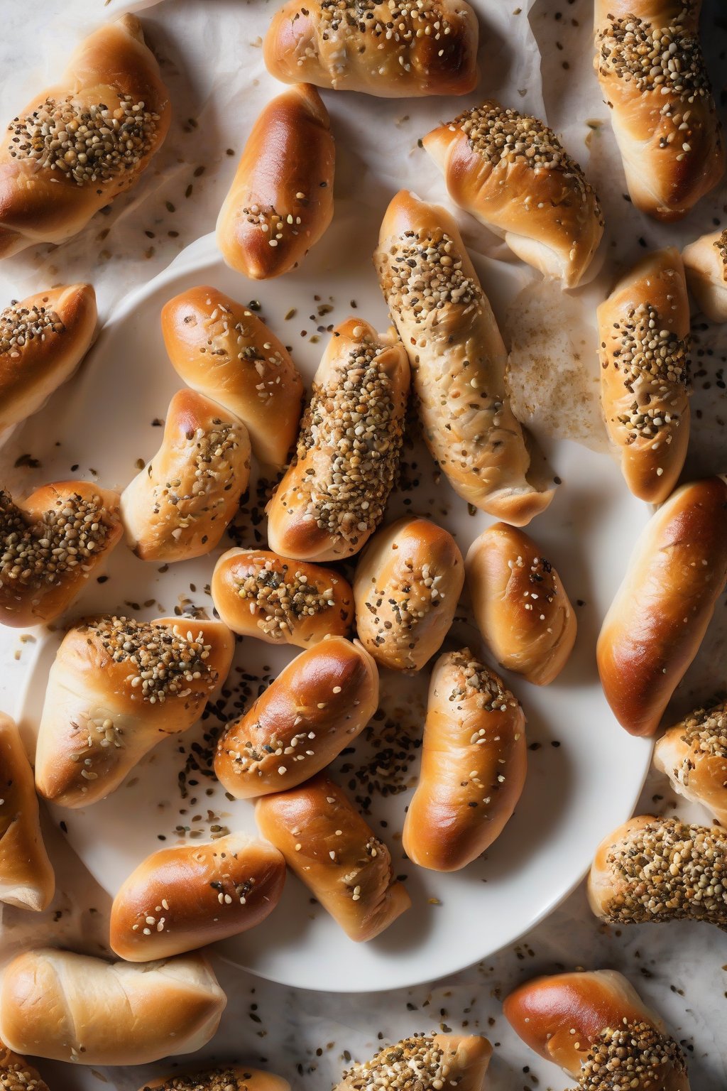 A high-resolution photo of everything bagel pigs in a blanket scattered with seeds on a white plate under soft lighting.