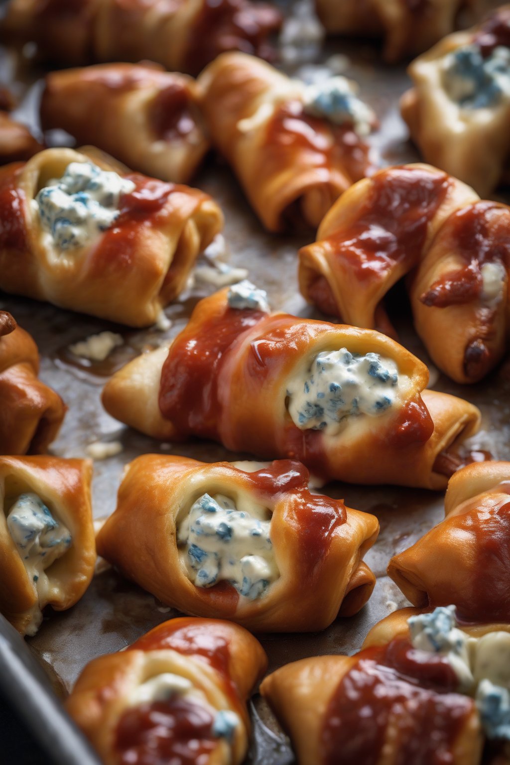 A high-resolution photo of buffalo-sauced pigs in a blanket topped with blue cheese under soft lighting.