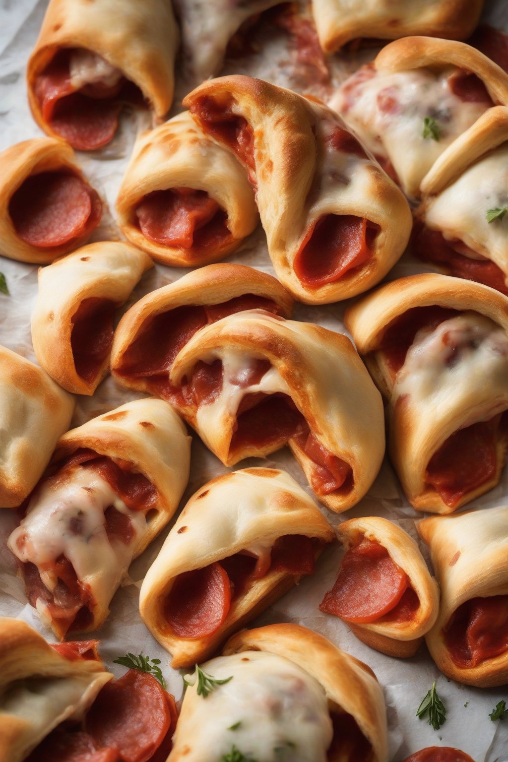 A high-resolution photo of pizza pigs in a blanket sliced open revealing pepperoni under soft lighting.