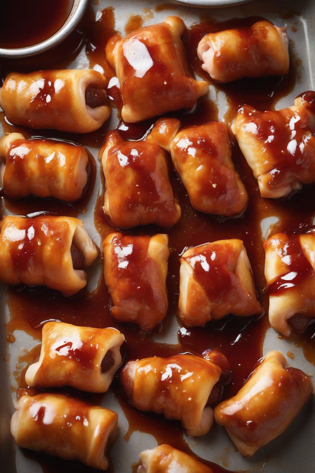 A high-resolution photo of glazed sweet-spicy pigs in a blanket with syrup drizzle under soft lighting.