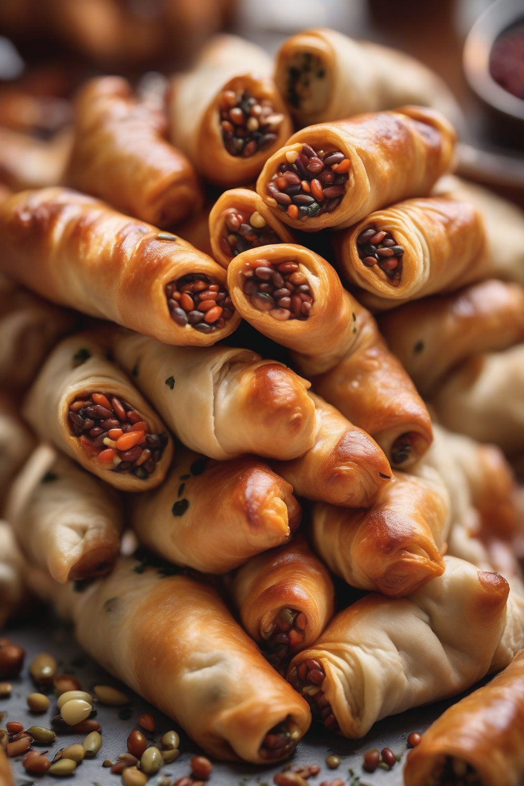 A high-resolution photo of vegan pigs in a blanket piled high with seeds under soft lighting.