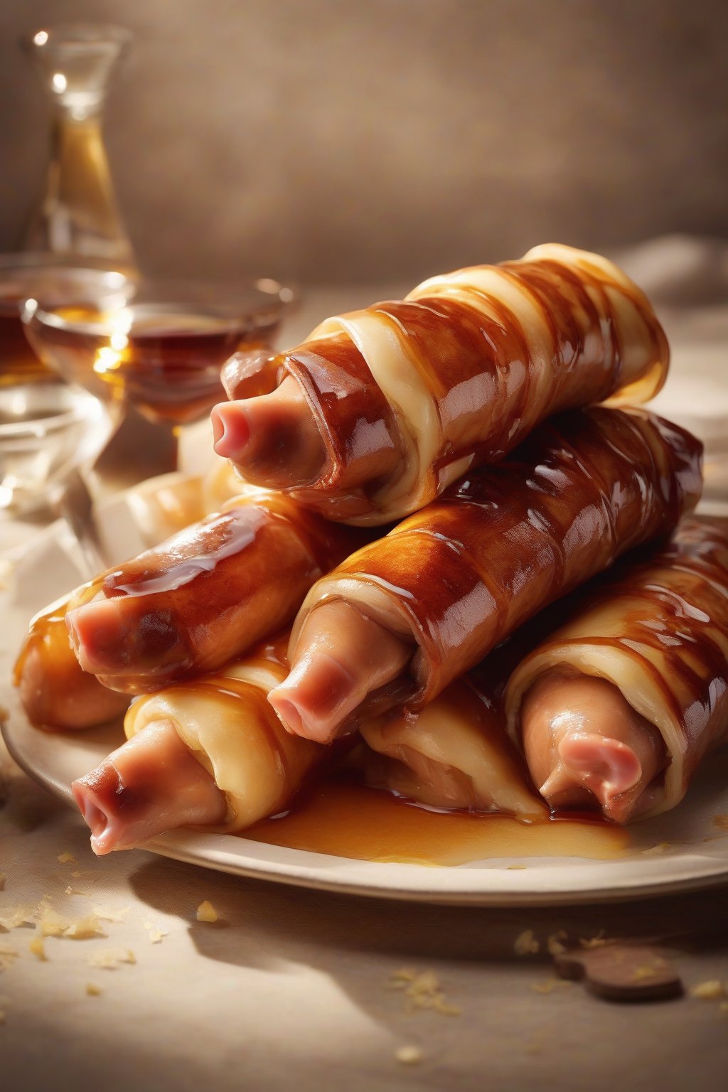 A high-resolution photo of pancake-wrapped sausage pigs with maple syrup under soft lighting.