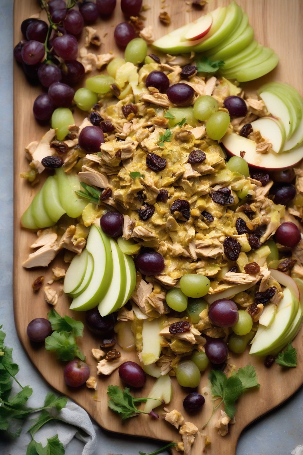 A high-resolution photo of curried apple chicken salad with grapes and raisins scattered on a wooden board, with curry dusting, under soft lighting.
