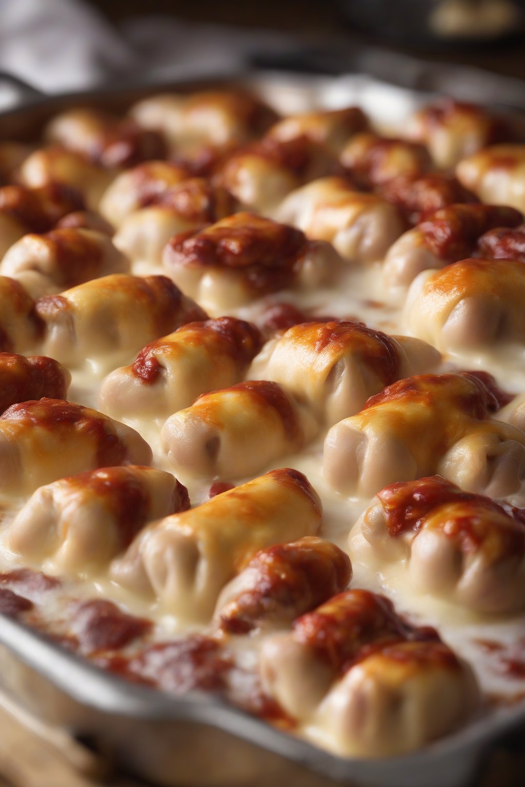 A high-resolution photo of chili-topped cheese pigs in a blanket steaming under soft lighting.