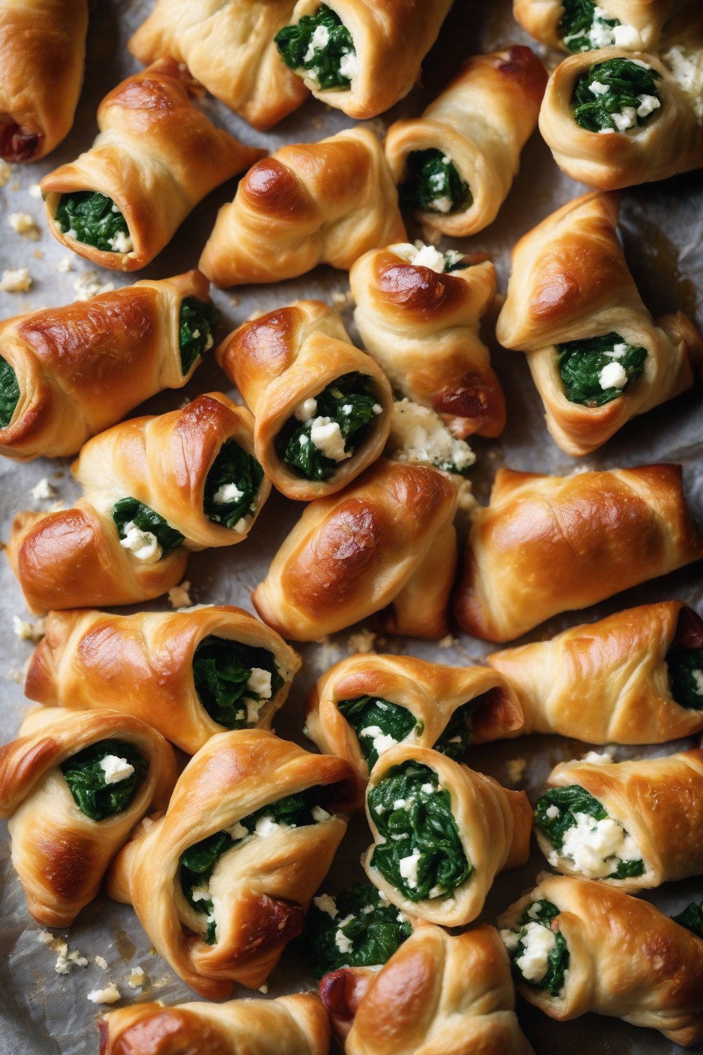 A high-resolution photo of spinach feta pigs in a blanket with crumbled cheese under soft lighting.