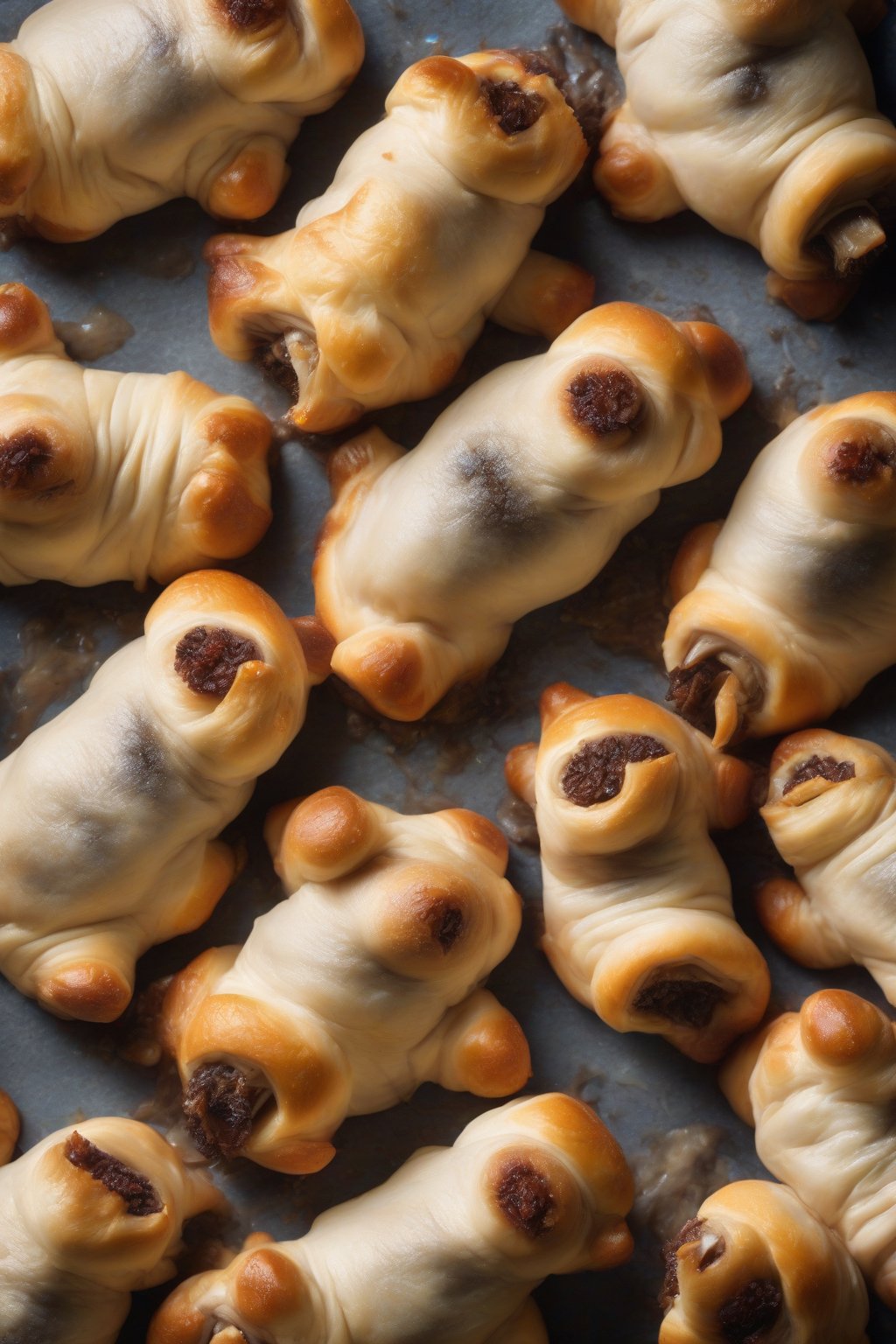 A high-resolution photo of truffle mushroom pigs in a blanket with glossy finish under soft lighting.