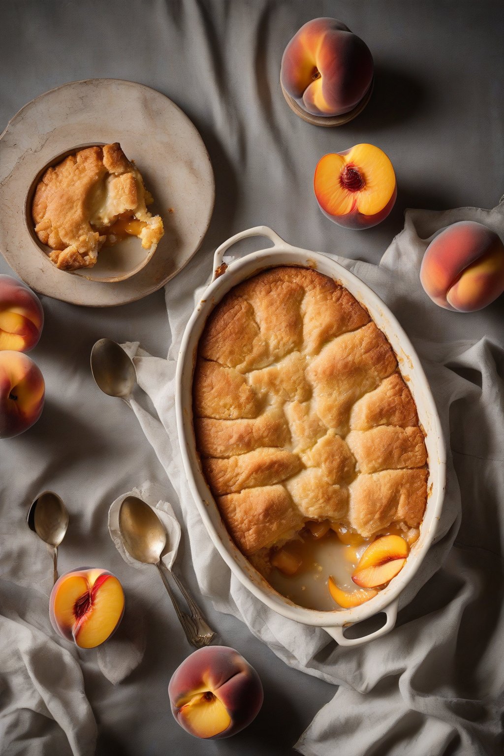 A high-resolution photo of a golden-baked classic peach cobbler with juicy peach slices peeking through the biscuit topping, under soft lighting.