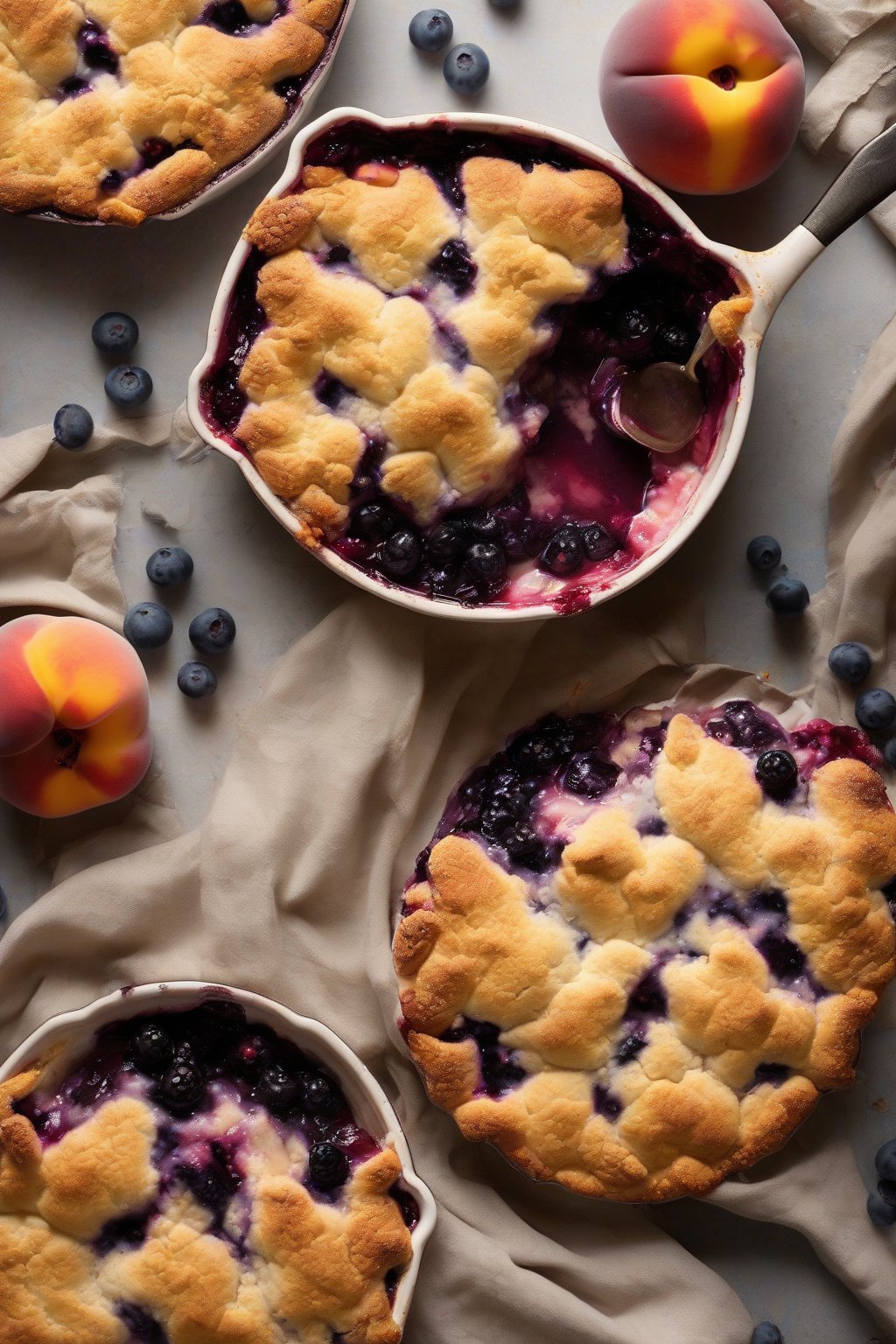 A high-resolution photo of peach blueberry cobbler with purple-blue berries bursting amid golden crust, under soft lighting.