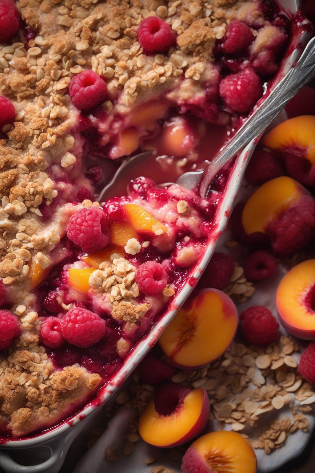 A high-resolution photo of raspberry peach cobbler showing red berries mingling with orange peach slices under a crumbly oat topping, under soft lighting.