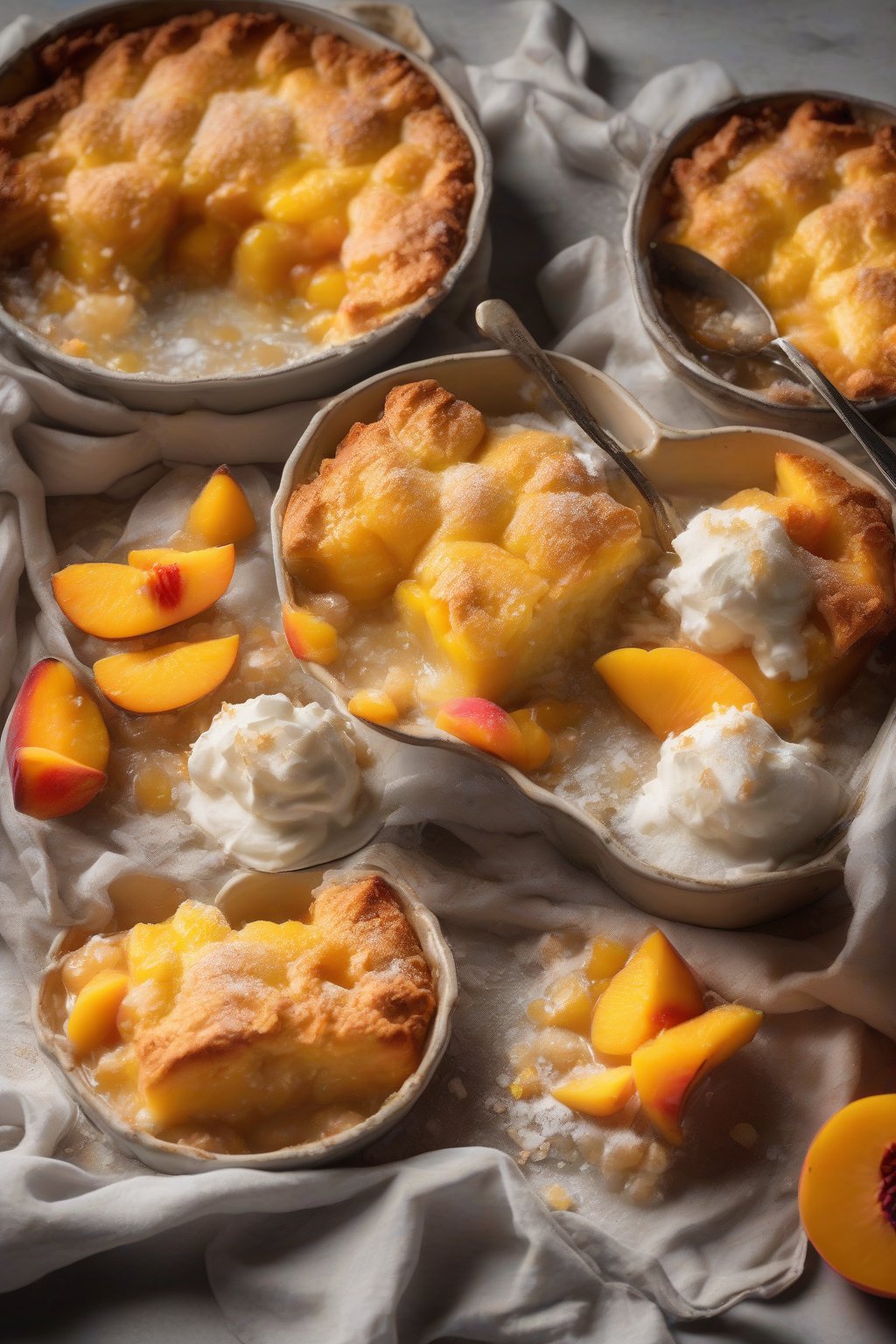 A high-resolution photo of peach mango cobbler with vibrant yellow-orange fruits and coconut flecks in a bubbly bake, under soft lighting.