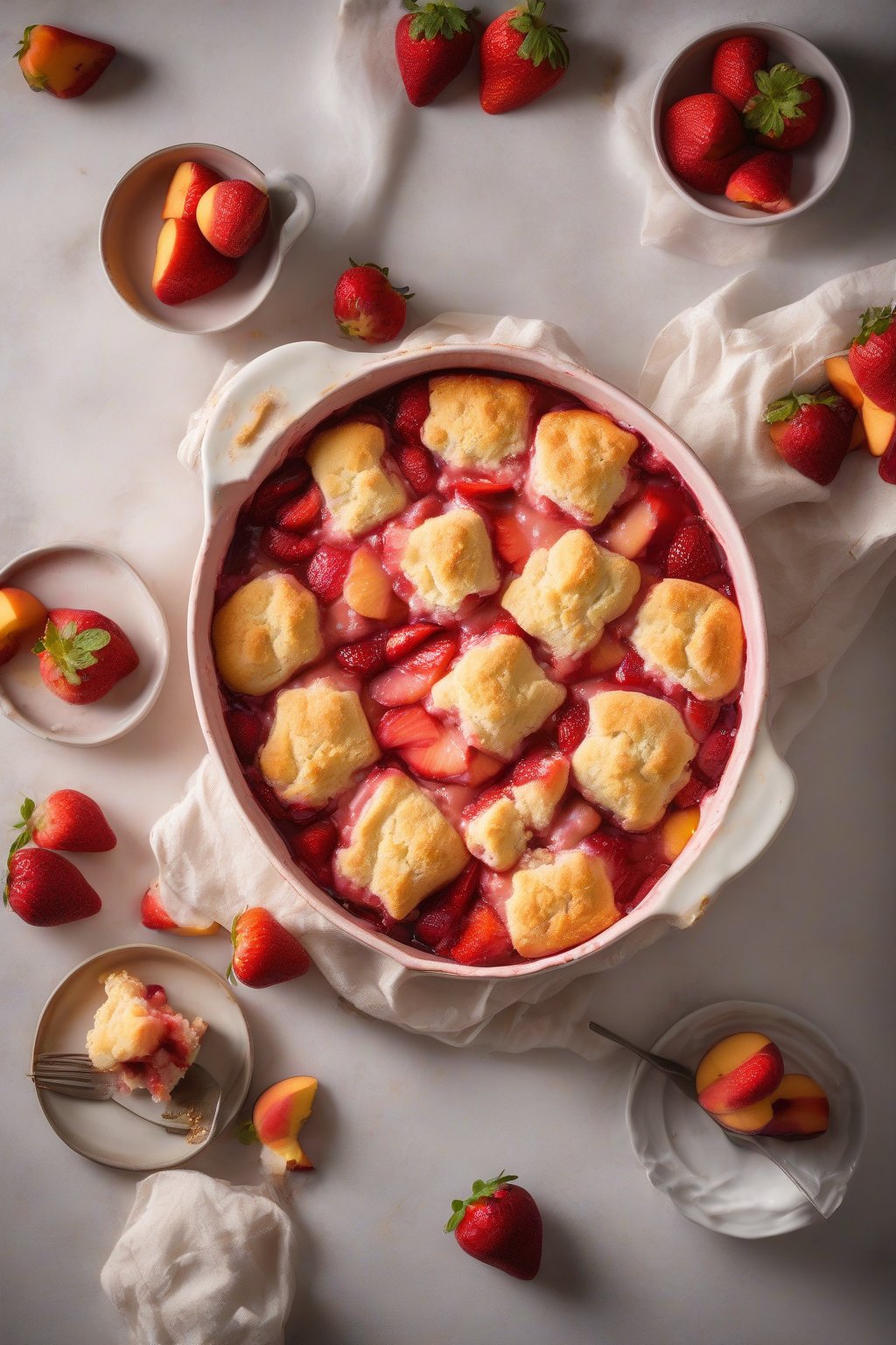 A high-resolution photo of strawberry peach cobbler with red strawberry halves atop glossy peach filling and fluffy biscuits, under soft lighting.