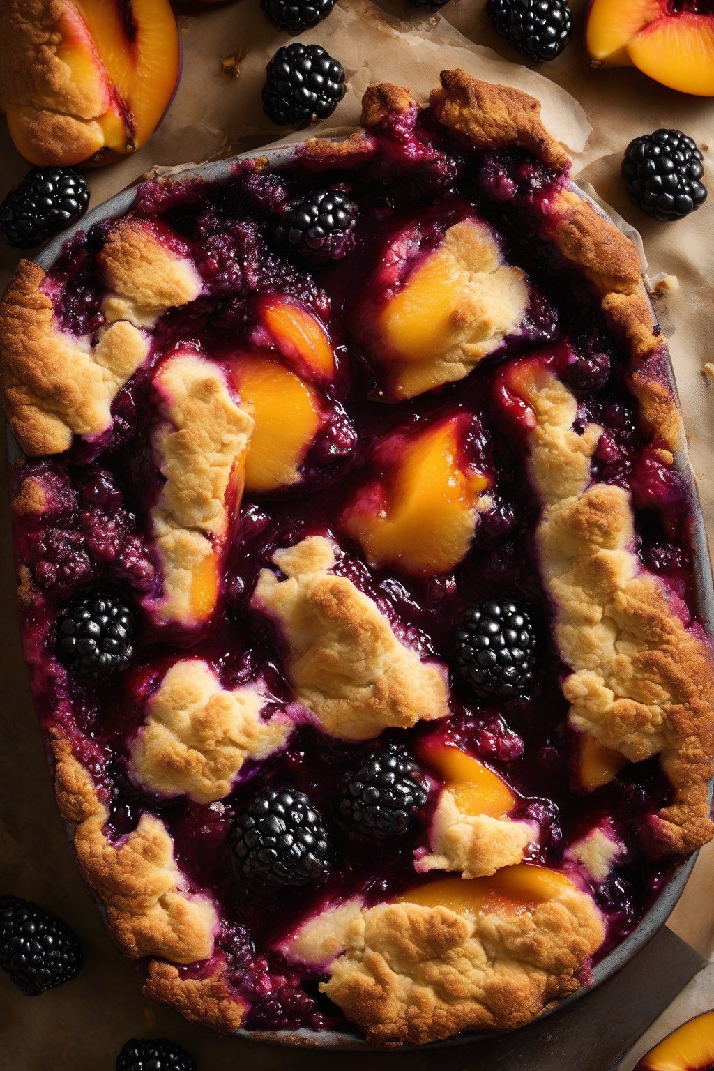 A high-resolution photo of blackberry peach cobbler featuring deep purple berries staining the golden crust, under soft lighting.
