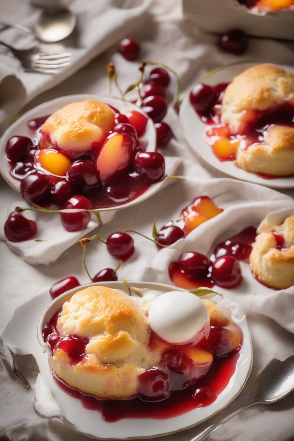 A high-resolution photo of cherry peach cobbler with bright red cherries nestled in peach syrup under biscuit domes, under soft lighting.