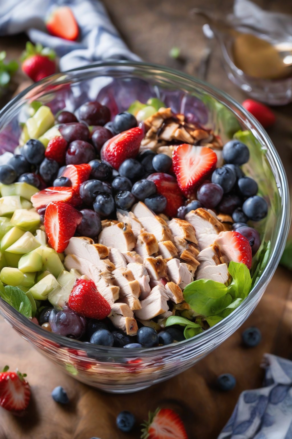 A high-resolution photo of berry blast chicken salad with grapes, strawberries, and blueberries in a glass bowl, drizzled with balsamic, under soft lighting.