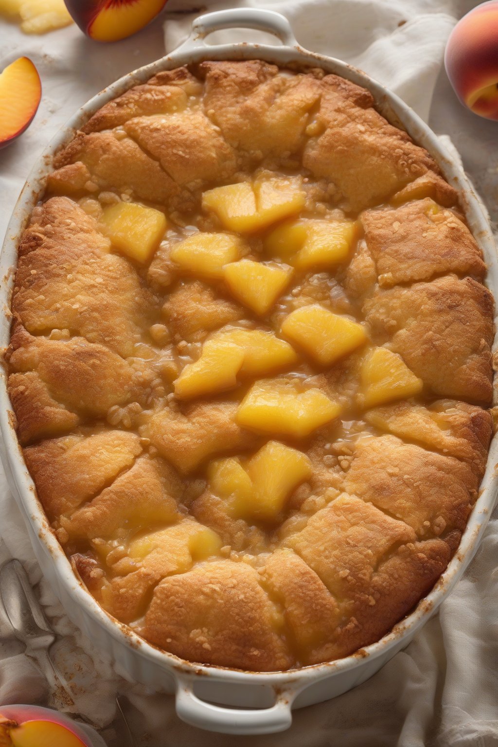A high-resolution photo of peach pineapple cobbler with golden pineapple bits and warm spices in a spiced crust, under soft lighting.