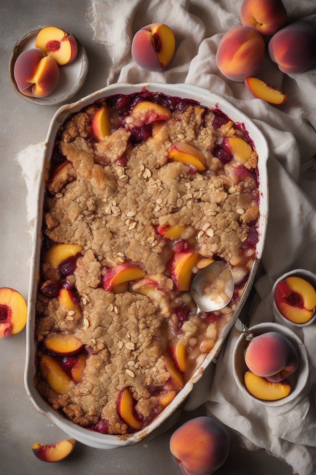 A high-resolution photo of peach nectarine cobbler with sliced stone fruits bubbling under a nutty oat crumble, under soft lighting.