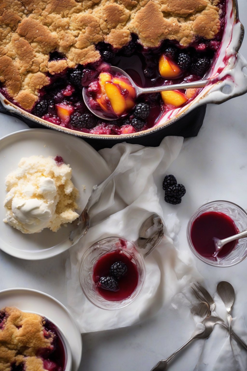 A high-resolution photo of bourbon peach blackberry cobbler glistening with boozy syrup and cornmeal topping, under soft lighting.