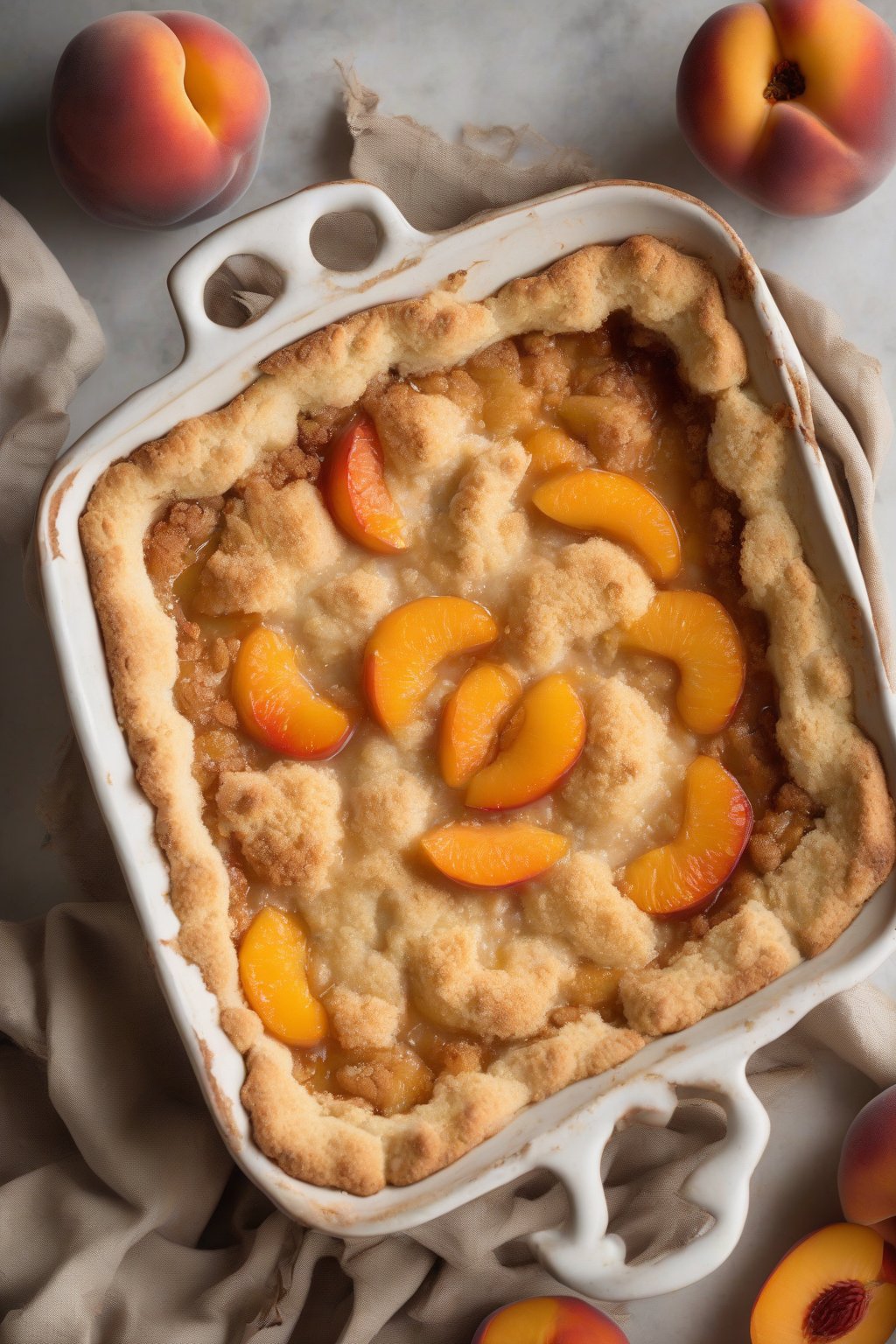 A high-resolution photo of gluten-free peach apricot cobbler with soft orange fruits under a tender crumbly top, under soft lighting.