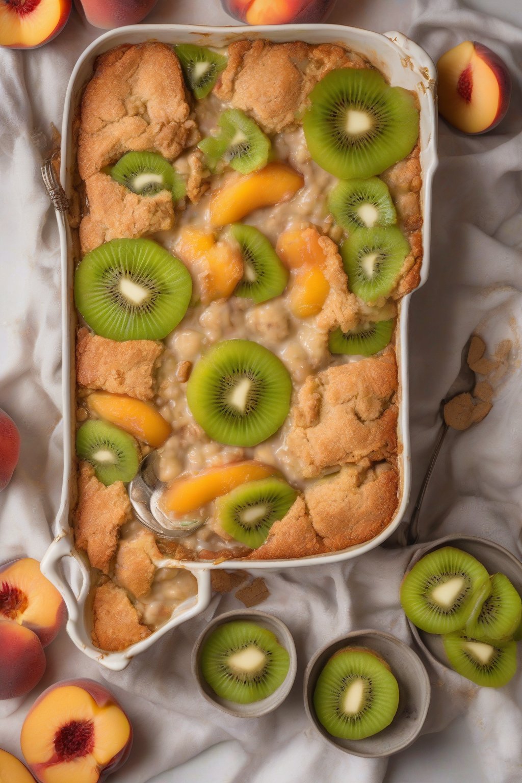 A high-resolution photo of vegan peach kiwi cobbler with green kiwi slices contrasting peach glow and vegan biscuits, under soft lighting.