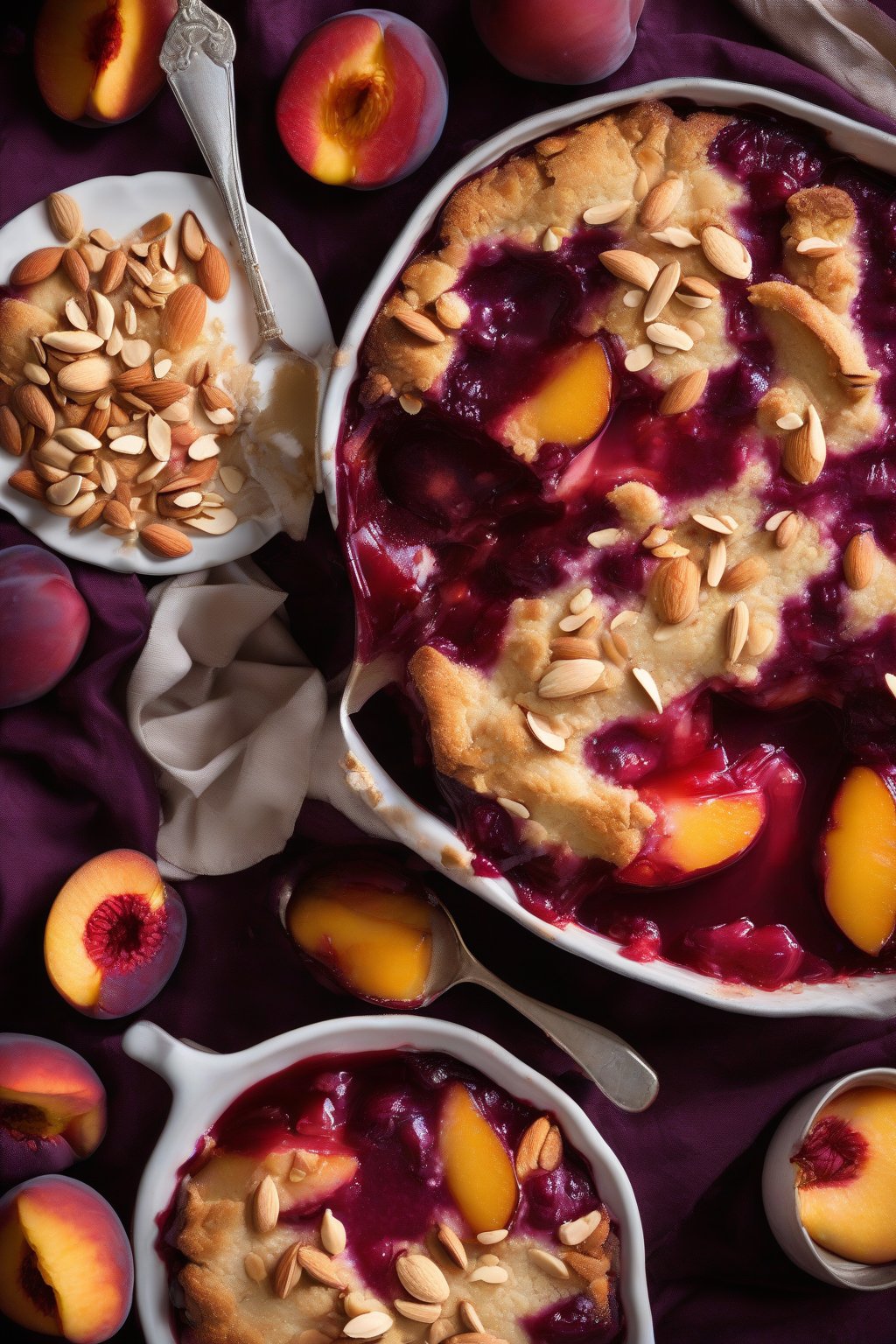 A high-resolution photo of almond peach plum cobbler topped with toasted almonds and deep red plum juices, under soft lighting.
