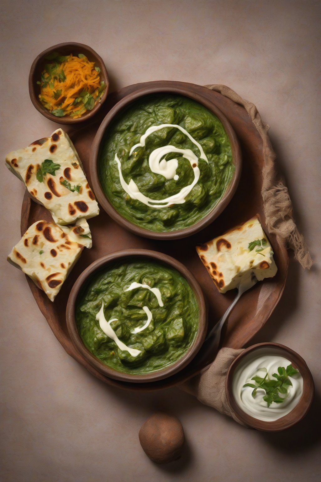 A high-resolution photo of classic creamy palak paneer garnished with cream swirls, served in a clay bowl under soft lighting.