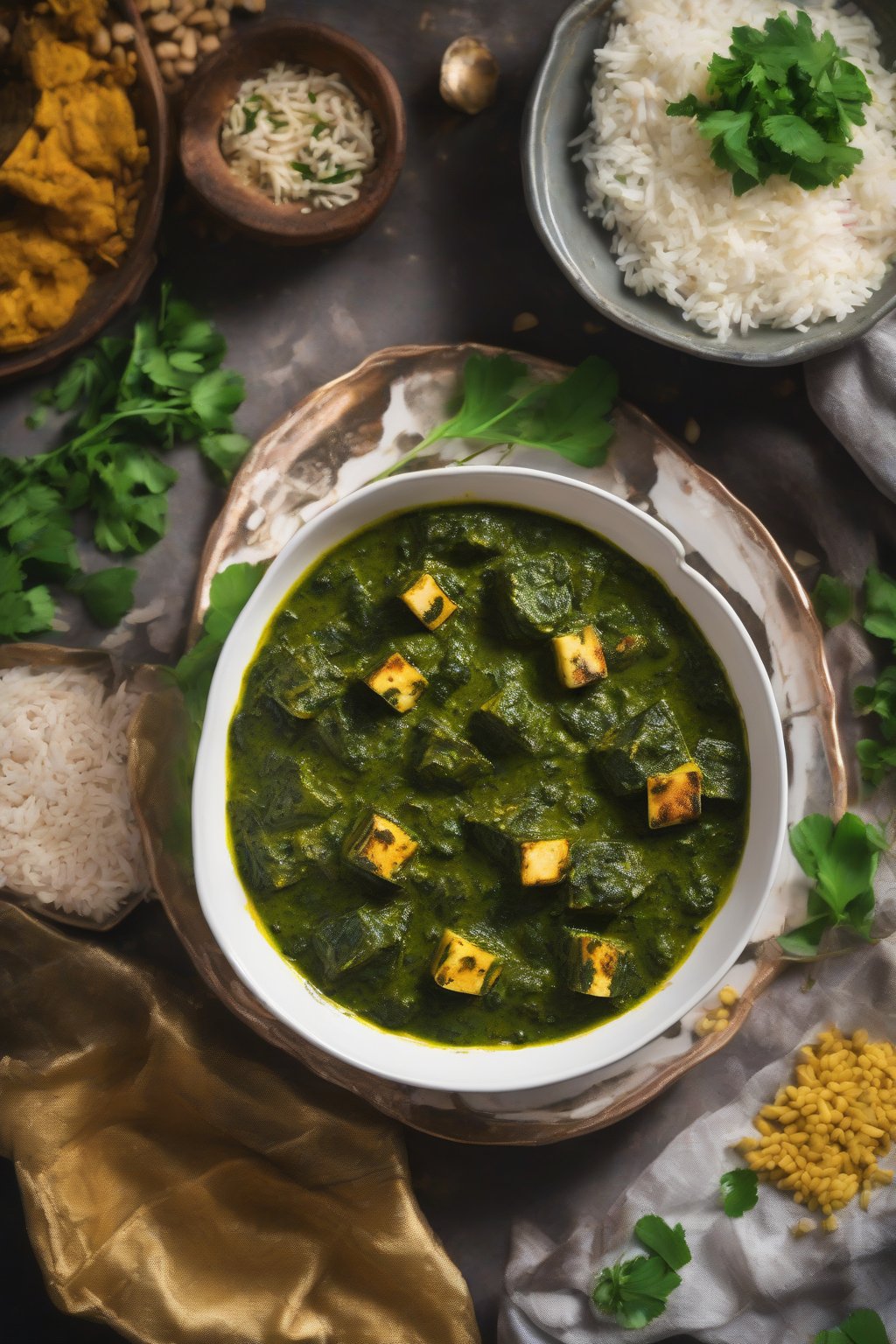 A high-resolution photo of methi palak paneer with vibrant green hues and fenugreek flecks, in a white bowl under soft lighting.