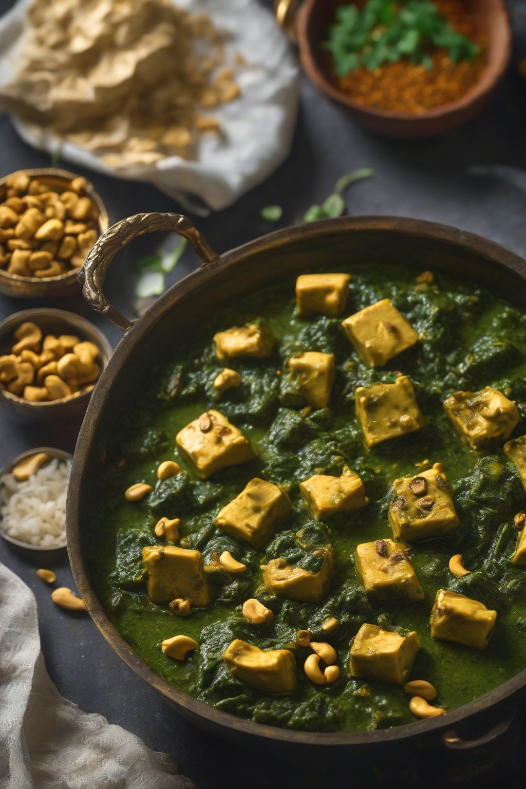 A high-resolution photo of cashew palak paneer with golden cashew bits on top, steaming in a karahi under soft lighting.