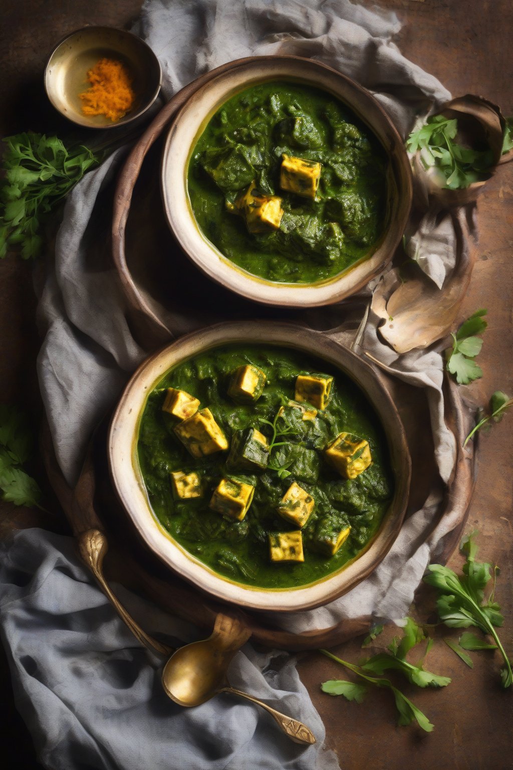 A high-resolution photo of spicy hariyali palak paneer with fresh herb garnish, in a rustic plate under soft lighting.