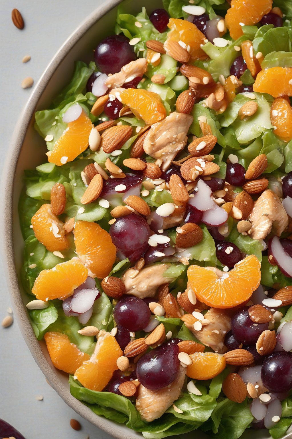 A high-resolution photo of mandarin orange chicken salad with grapes and almonds in a shallow dish, sesame seeds sprinkled on top, under soft lighting.